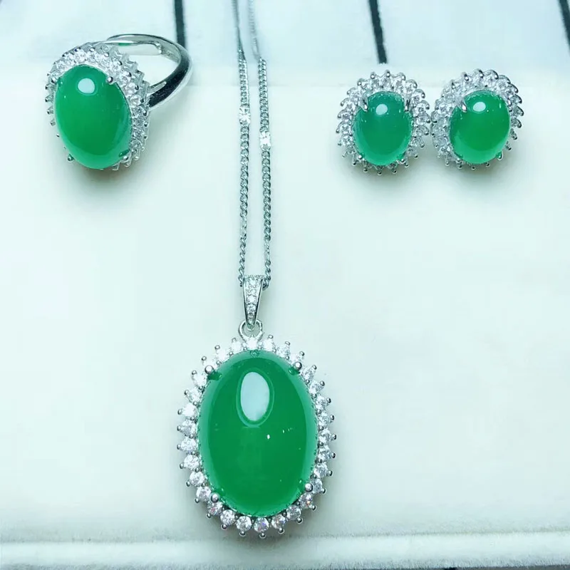 

Fine Jewelry Natural Green Jade Chalcedony Pendant Earring Ring Sets Free 925 Silver Necklace Women