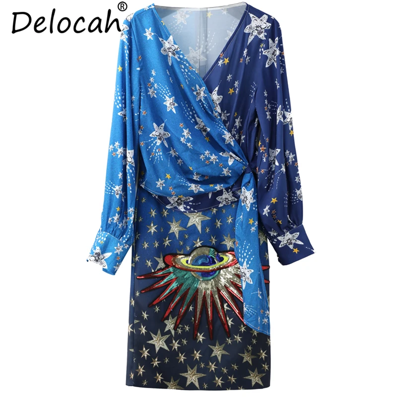 Delocah/Новинка, женские весенне-летние костюмы модный Дизайнерский Костюм, Сексуальная рубашка с v-образным вырезом и бантом и юбка с принтом, комплект из двух предметов