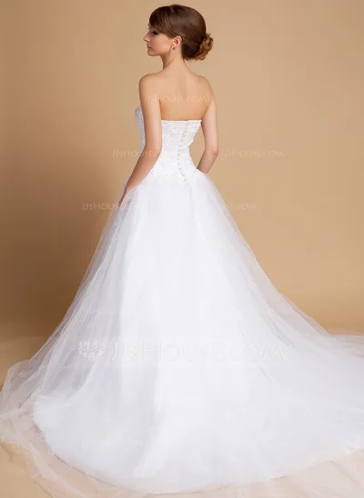 Ball-Gown Sweetheart Chapel Train Satin Tulle Wedding Dress With Lace Beading | Свадьбы и торжества
