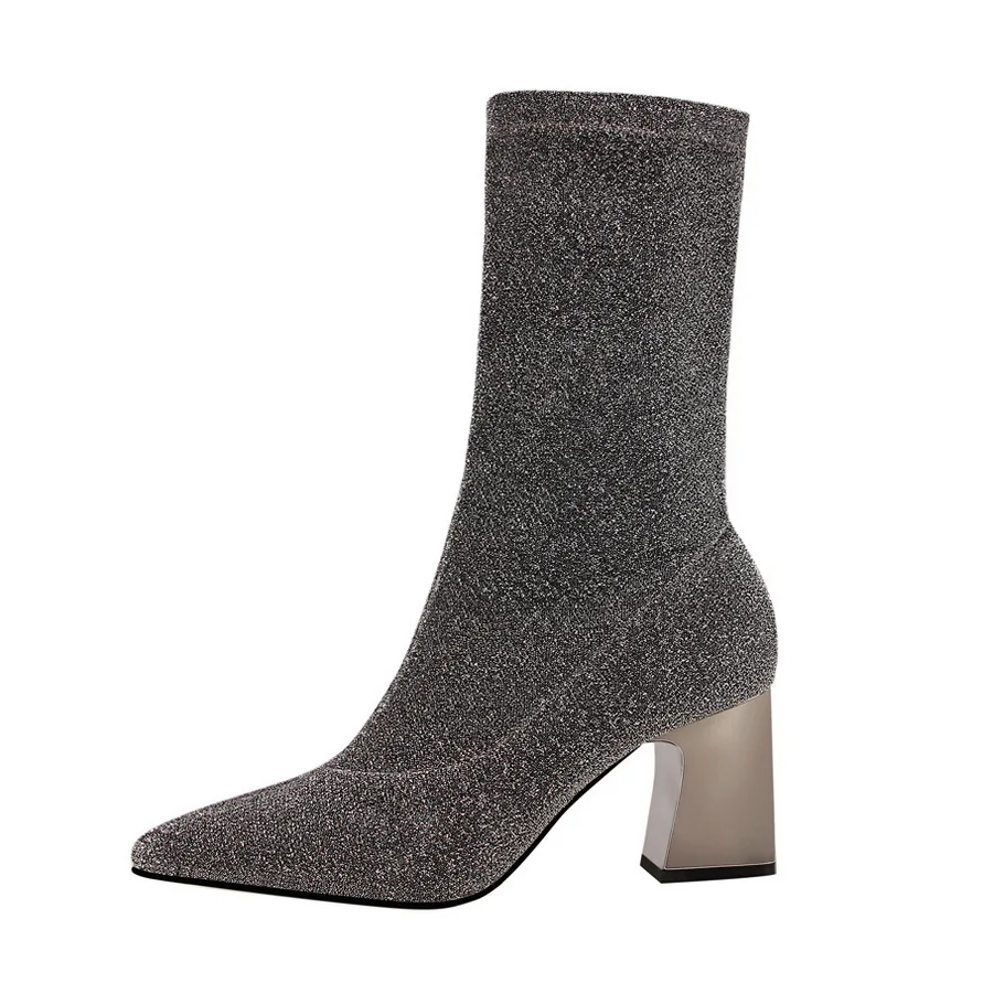 2017 Женская обувь Ботильоны резинка Стретч Ткань Высоком толстом каблуке модные