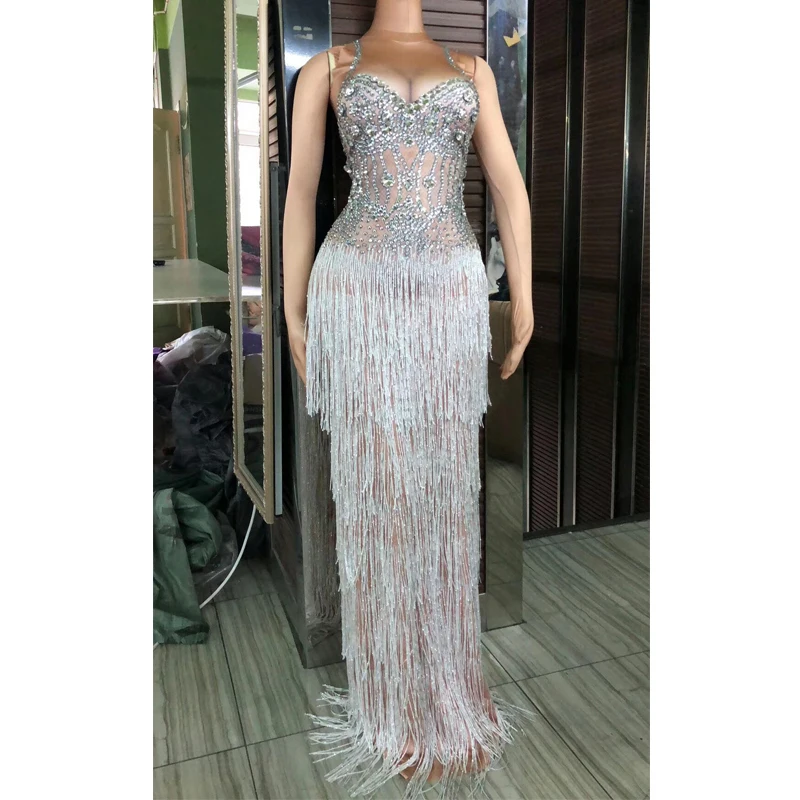 2021 новые женские блестящие кристаллы бахромой длинное платье леди вечернее