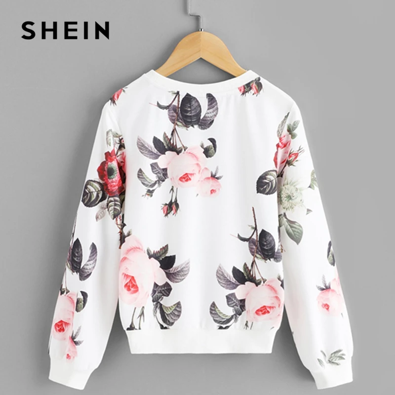 SHEIN/детская белая толстовка с цветочным принтом для маленьких девочек; топы для девочек; коллекция года; сезон весна; милый Повседневный пуловер с длинными рукавами; детская одежда