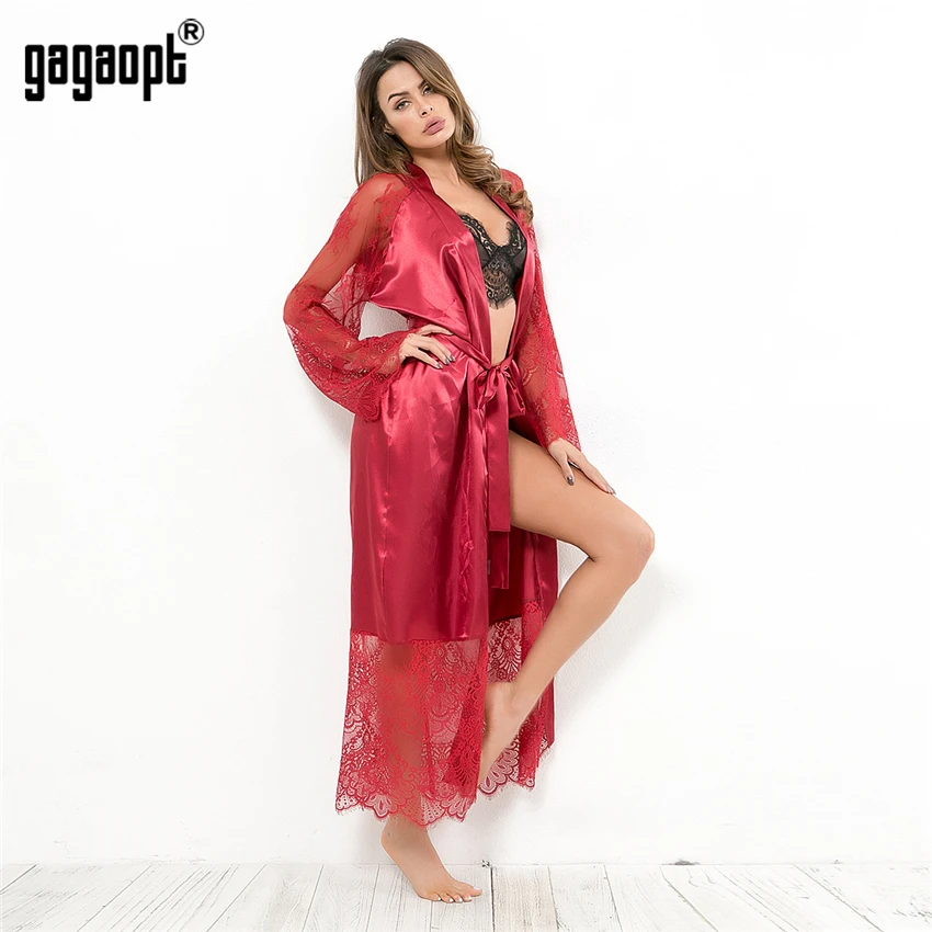 Gagaopt весна 3 цвета кружевные ночные рубашки женские с длинным рукавом модные сексуальные ночные рубашки с поясом пижамы