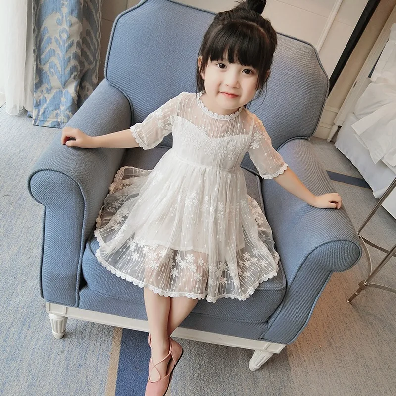 2019 new Korean girls dress lace princess style children's gauze Knee-Length Lace Solid | Детская одежда и обувь