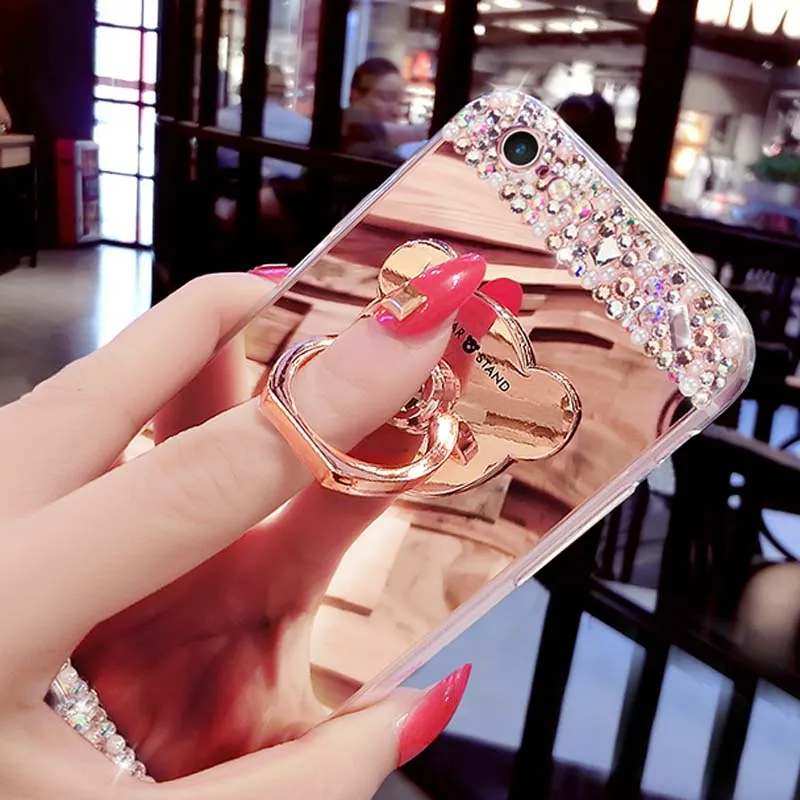 Зеркало кольцо coque case для huawei p8 lite 2017 p9 плюс P10 Lite Плюс Алмазный Блеск Bling Обложка