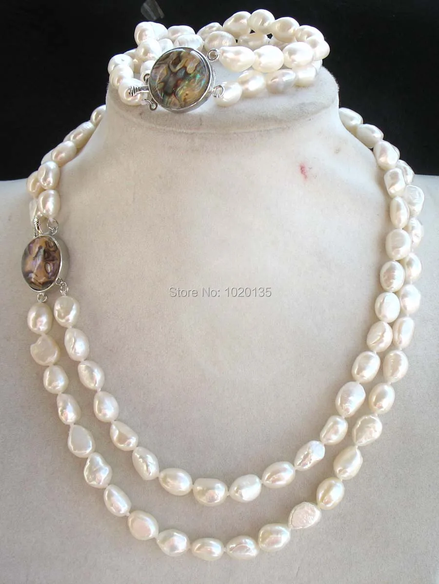 

2rows freshwater pearl white baroque 9-10mm necklace bracelet 17-18inch nature wholesale bead gift FPPJ