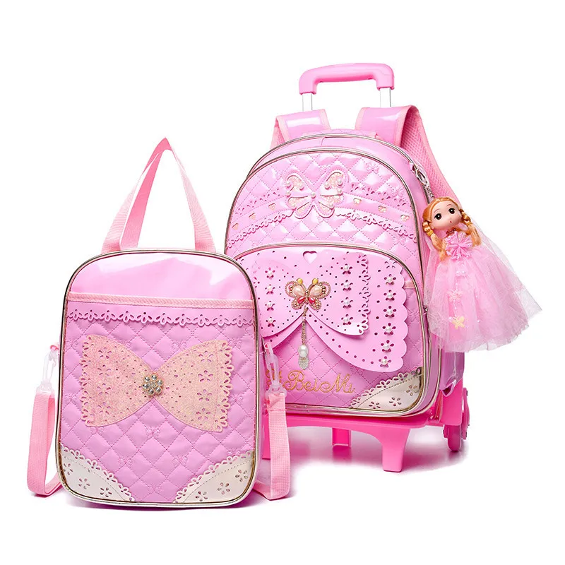 Школьная сумка из ПУ кожи для девочек, детские школьные портфели с 6 колесами и мультяшными принцессами, съемная сумка-тележка для подъема п...