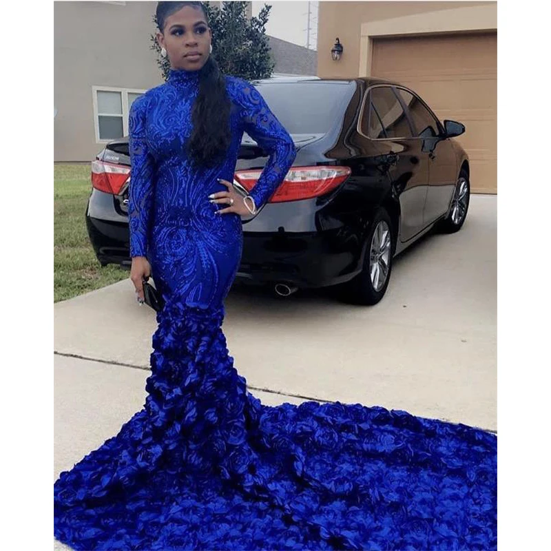 

Royal Blue Mermaid Prom Dresses New Long Sleeve Sweep Strain Sequin High Neck Black Girl Women Formal Evening Dress Party Gowns