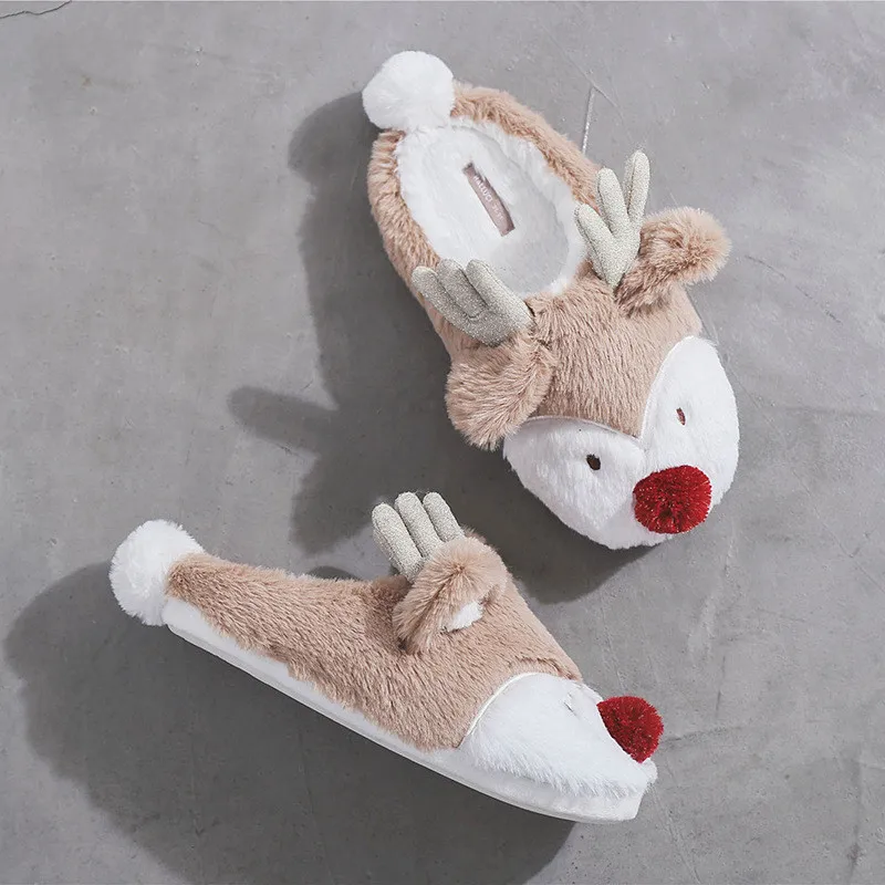 Christmas deer LIN KING/домашняя обувь унисекс с рождественским оленем размера плюс; теплые меховые домашние тапочки с животными; нескользящая домашняя обувь для влюбленных пар - Цвет: Christmas deer