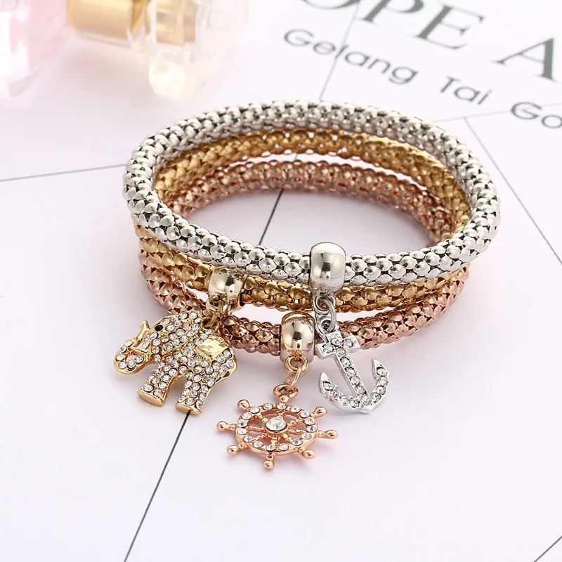 Урожай Золото/Серебро Platd Шарм Браслеты Для Женщин 3 шт. Якорь Слон Бусы и