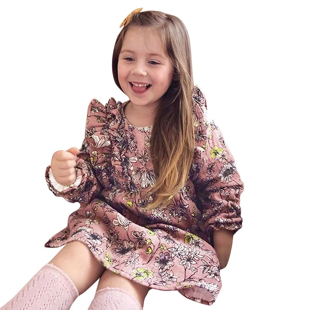 Dress Baby Kids Dresses For Girls Long Sleeve Floral Print Ruffled Casual Princess Frocks Girl Vestidos De Nina |