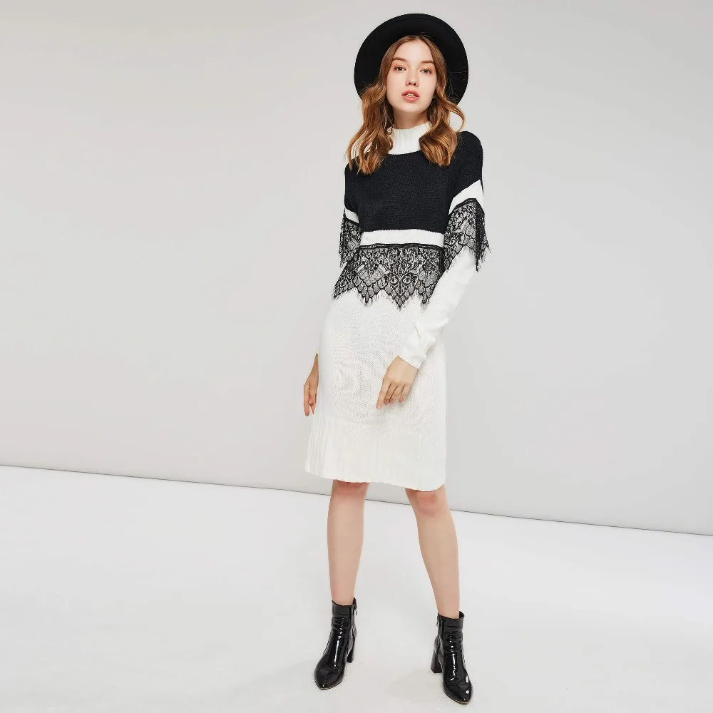 Women Fashion Lace Sweater Dress White Black Color Block Boho Autumn Winter Knitted Loose High Collar | Женская одежда