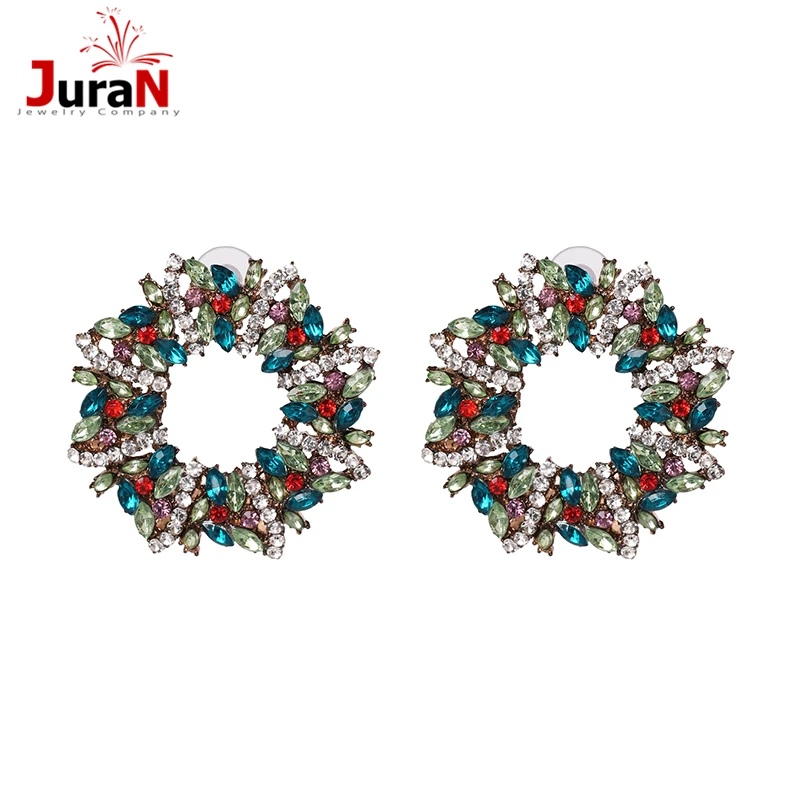 

2019 hot women fashion brand wreath colorful crystal statement earrings ethnic flower stud earrings Christmas party jewelry