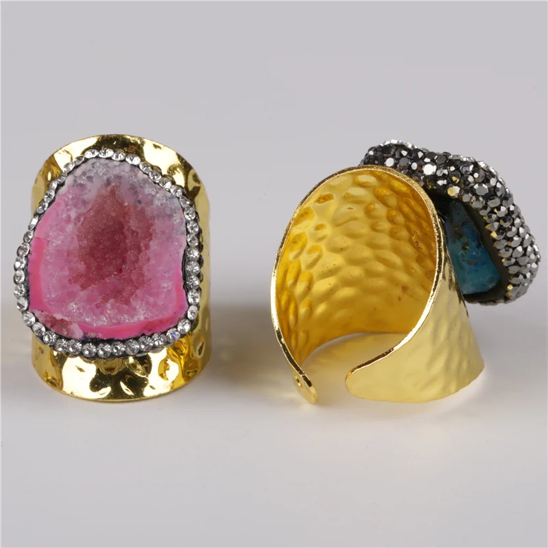 big gold polished rose hot pink geode crystal stone slice pave rhinestone bead charm open hammered ring cuff for woman man | Украшения и