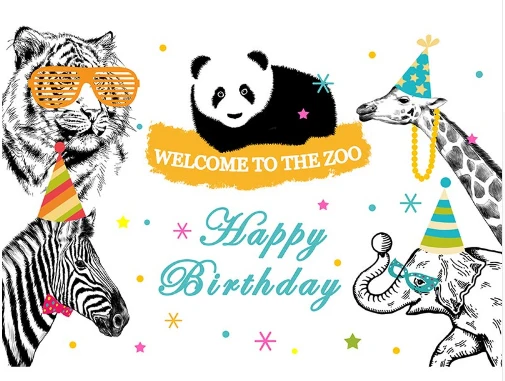 

7x5FT Happy Birthday Panda Welcome to Zoo Safari Giraffe Tiger Custom Photo Background Studio Backdrop Vinyl 220cm x 150cm