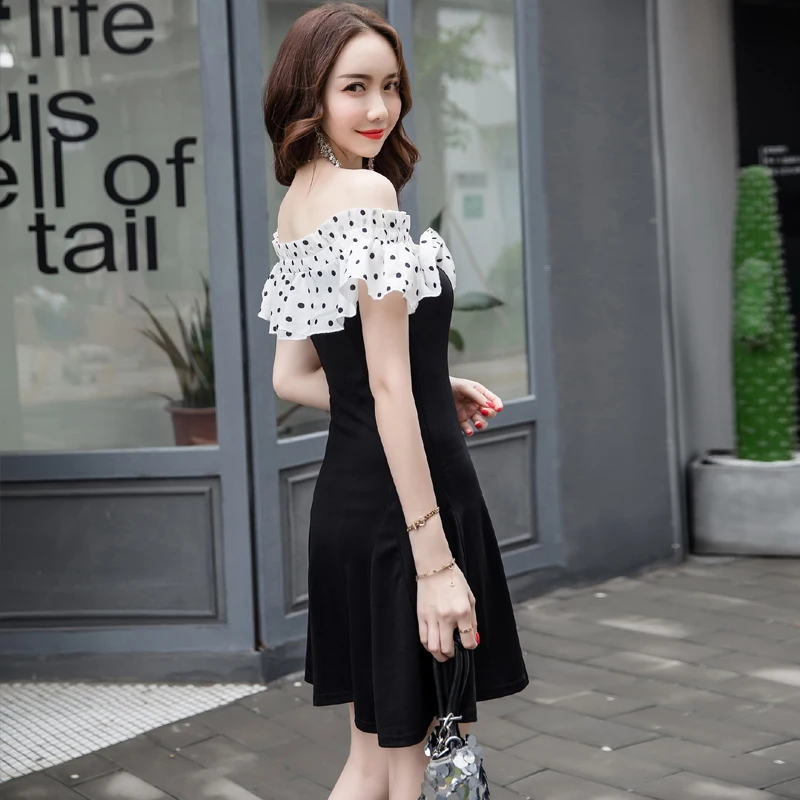

Summer Sexy Chiffon Dress For Women 2018 Off Shoulder Slash Neck Patchwork A-Line Wave point Chic Elegant Slim Dresses Female