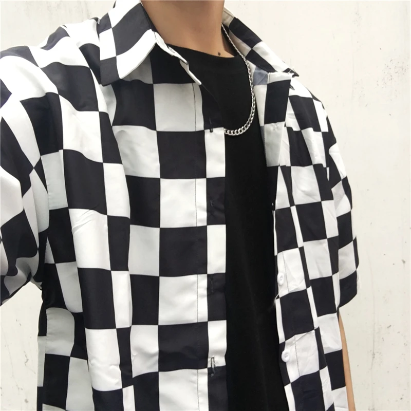 Harajuku модные черный, белый цвет плед человек Для женщин рубашки короткий рукав в розовый горошек Для женщин рубашки летние хлопковые свободные пару рубашки