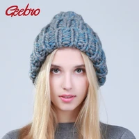 geebro 2019 female winter warm mixed color beanies handmade thick stick knitted coarse lines hat crochet women lovely caps