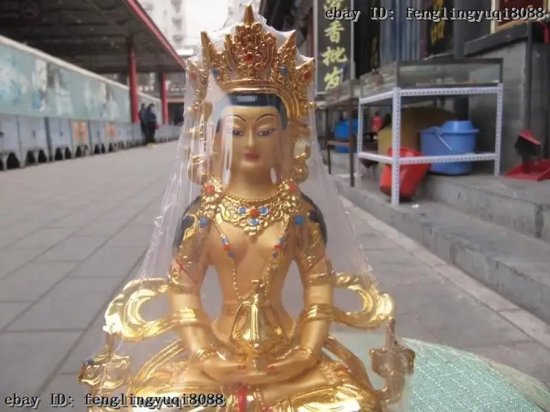 9&quotTibet Folk Buddhism Bronze painted Gilt Long Longevity Amitayus Buddha Statue | Дом и сад