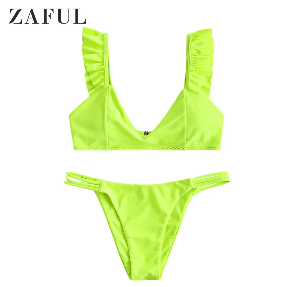 Green Yellow ZAFUL лесной Двухсекционный Купальник Глубокий v-образный вырез сзади вырез лотоса рюшами Бикини Набор Мягкий купальный костюм лист купальники лето - Цвет: Green Yellow