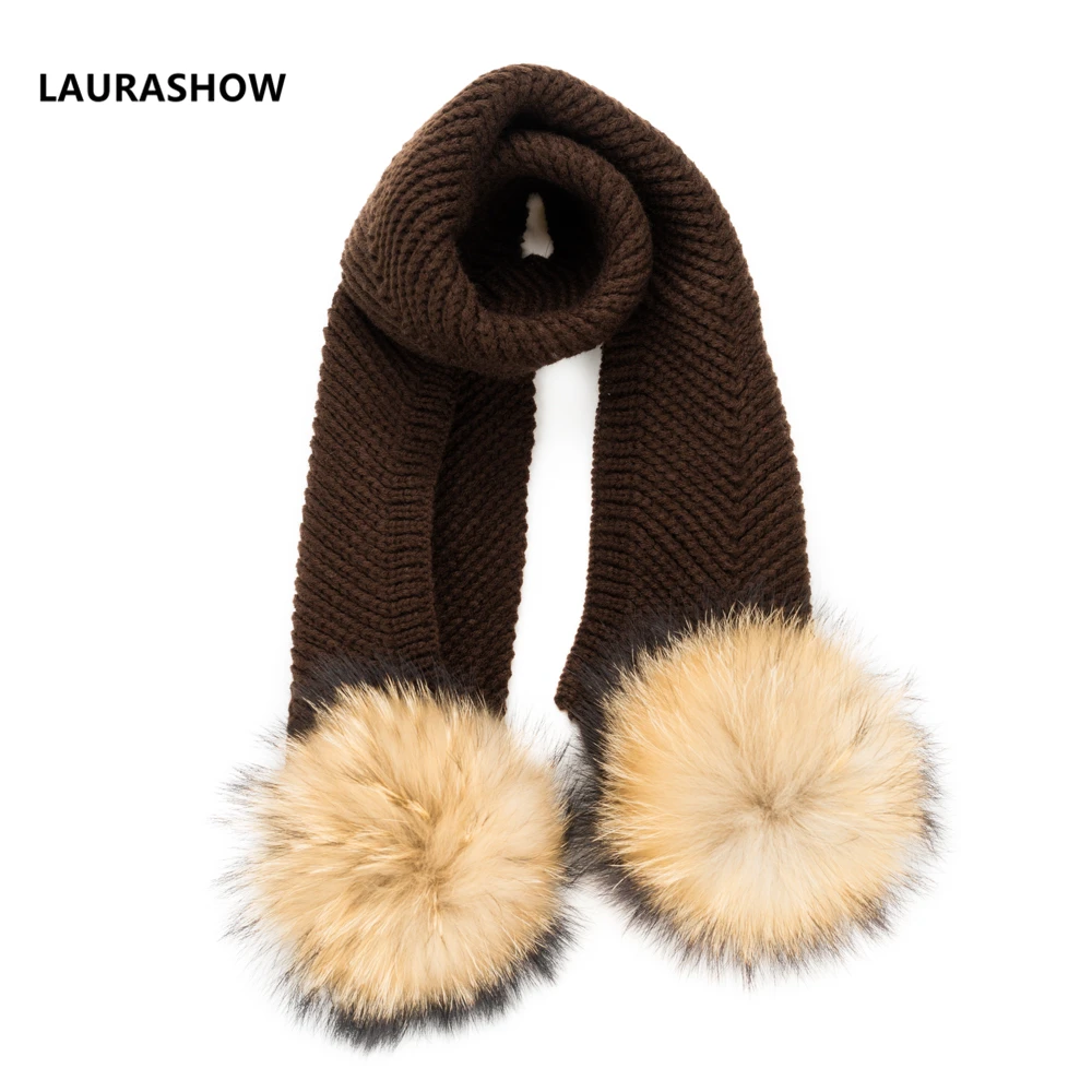 Laurashow Дети Зимний трикотажный шарф Настоящее 14 см енота норки Мех животных мяч помпонами для маленьких девочек мальчиков теплые шарфы