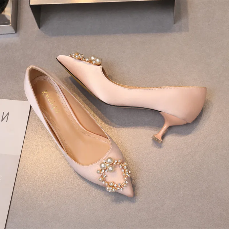 

New Pearl High - heeled Wedding Shoes Women's Pointed Fine - heeled Satin Wedding Shoes Red Bride Shoes with Bridesmaid Shoes