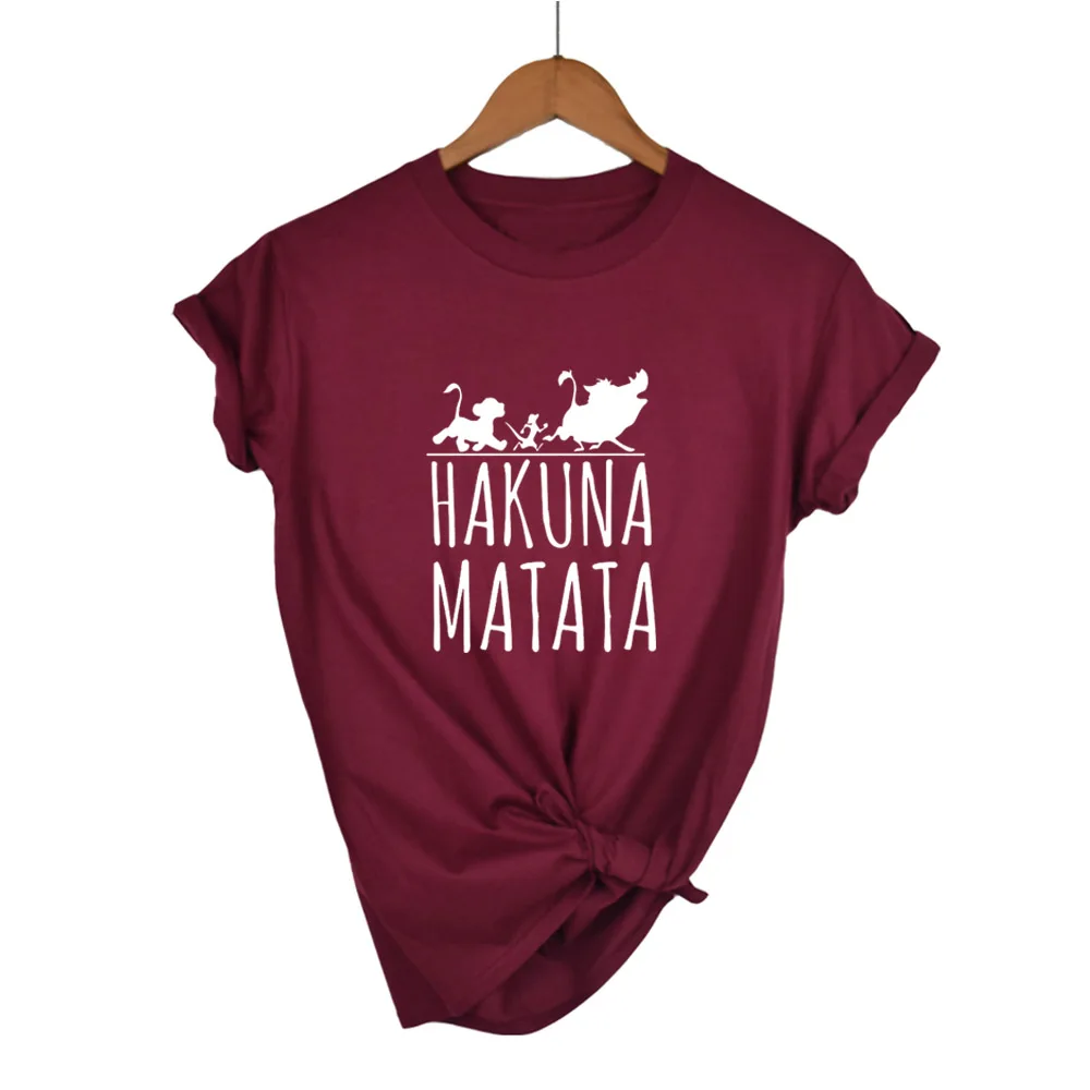 Wine red white Plus Size Female T Shirt HAKUNA MATATA Cartoon Women Summer White Black Tshirt Homme Cute Super Soft T-shirts - Цвет: Wine red white