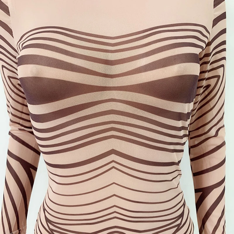

Long sleeve mesh sheer party dress 2019 Sexy transparent striped printed bodycon dress Maxi dress Optical illusion wavy Vestidos
