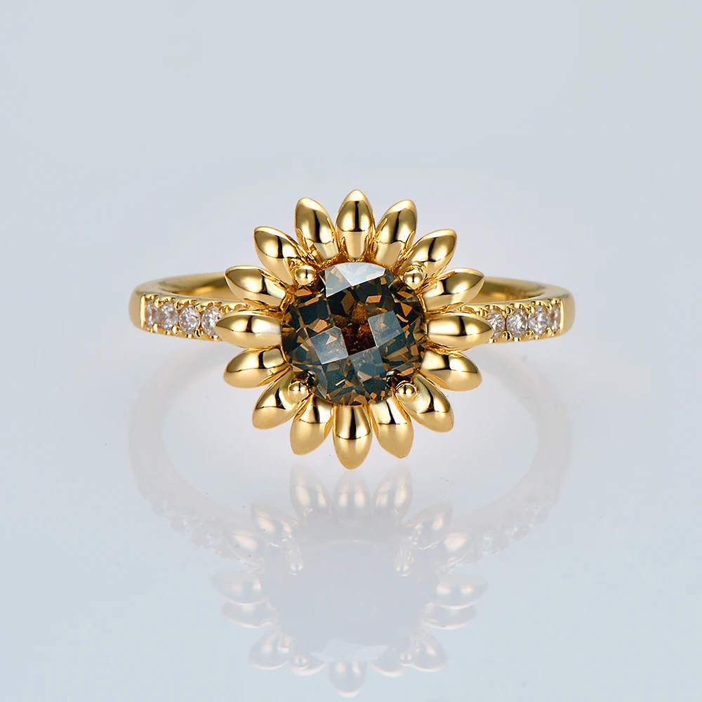 14kt желтое золото 0.99ct круглая огранка дымчатый топаз и 0.13ct H SI бриллиантовое обручальное кольцо