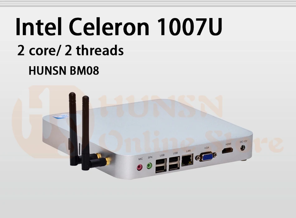 Fanless Mini PC,Intel Celeron 1007U,Windows 10/Ubuntu,Silver,[HUNSN BM08L],(WiFi/VGA/1HDMI/6USB2.0/1LAN/1,2COM Optional
