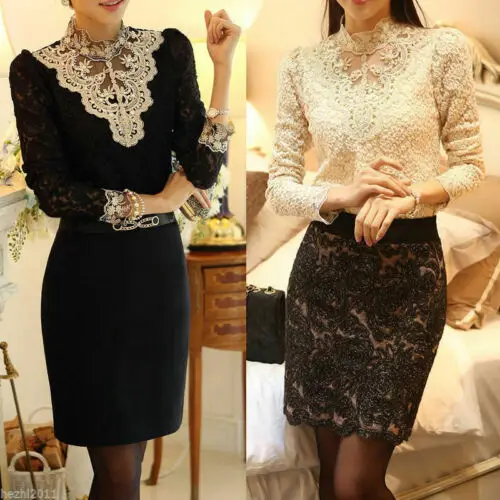 

2019 Tee Tops Women Ladies Long Sleeve Shirt Hollow out Flowers Lace Chiffon Blouse