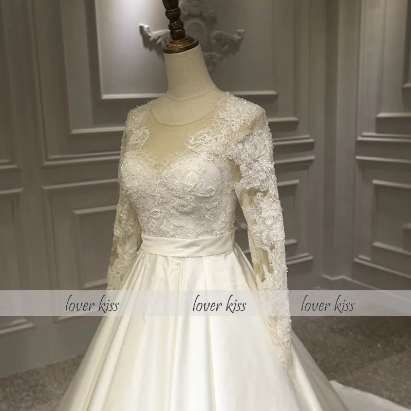 Lover Kiss Vestido De Noiva романтическое кружевное и атласное свадебное платье с длинными рукавами церковное свадебное бисерное праздничное свадебное платье