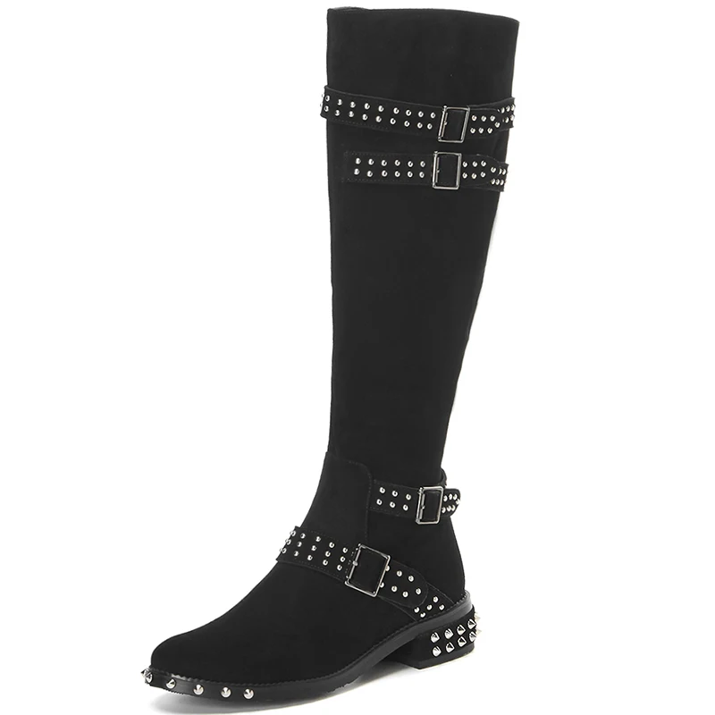 Женские зимние сапоги до колена из натуральной кожи с заклепками|knee high boots|high