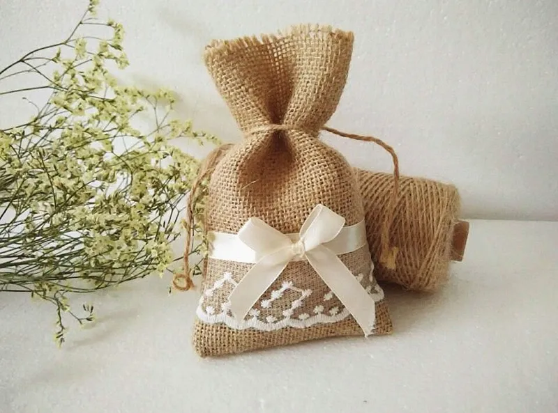 

free shipping DIY handmade Jute bag wedding lace candy bag Starry sky bow bag