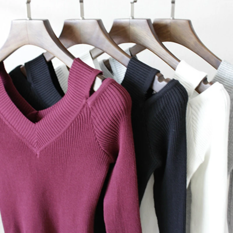 Fashion Women's Clothes Autum Spring Winter Warm Slim Tight Sexy Double V Long Sleeves Bottoming Coat Fall T Shirt Knit Sweater | Женская