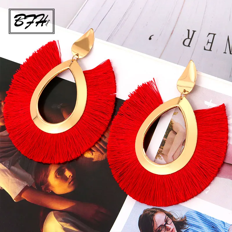 Red BFH Bohemian Big Drop Earrings for Women Lady Female Fringe Handmade Brincos Large Fashion Woman Tassel Earring Jewelry - Окраска металла: Red
