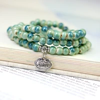 cute chinese style ceramic beads multi layer wrap bracelets for women vintage siver lock charm bracelet gifts for girlfriend