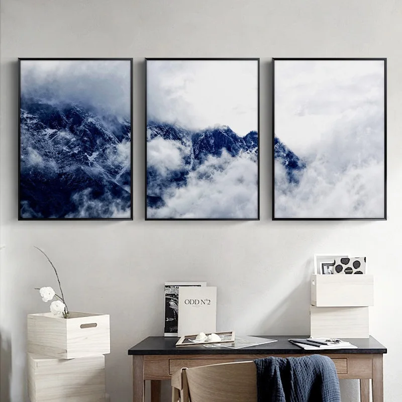 Фогги Гора Индиго Лес Холст Живопись минималистский синий пейзаж спальня