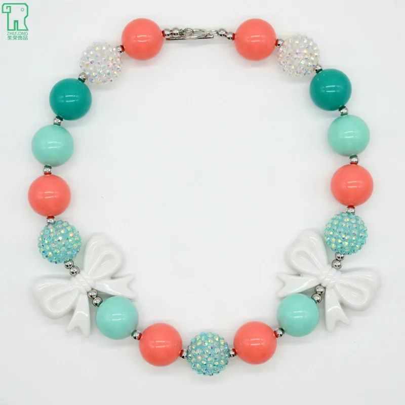 

2Pcs Christmas Solid Chunky Beads Candy Color Bubblegum Beads Necklace with White Bow Charm