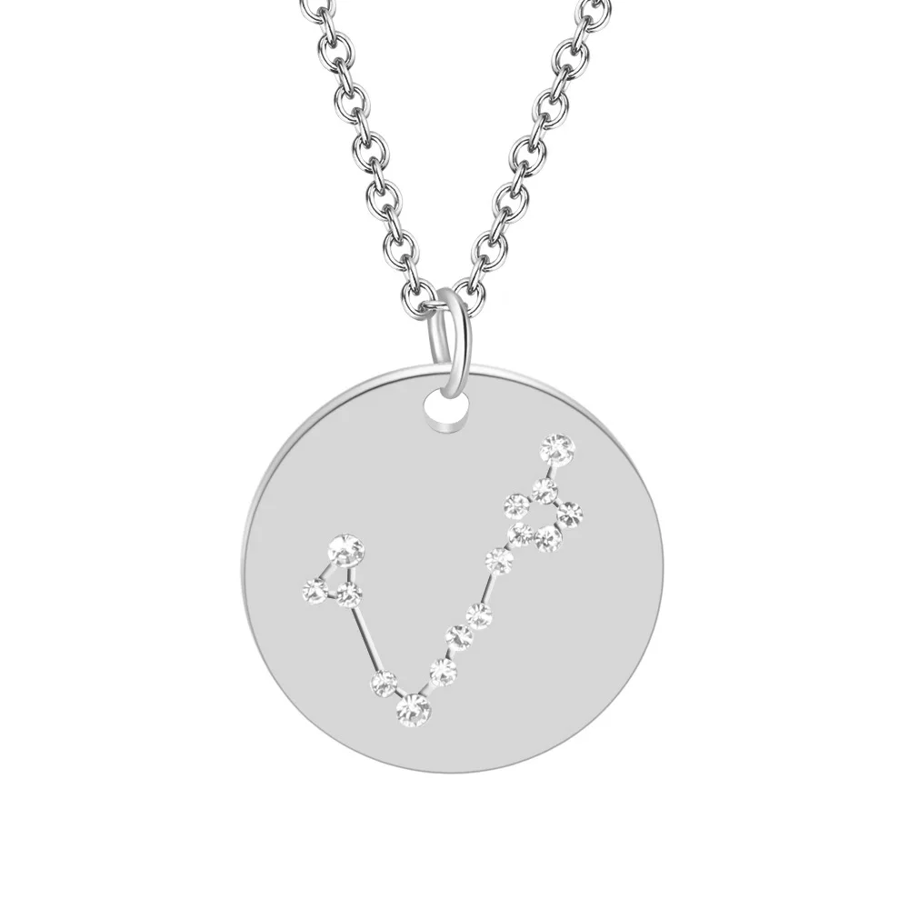 Pisces Silver Нержавеющая сталь Золото Серебро Созвездие Подвеска Ожерелье для женщин круглые Чокеры CZ ожерелье знаки ожерелье со знаком зодиака подарок - Окраска металла: Pisces Silver