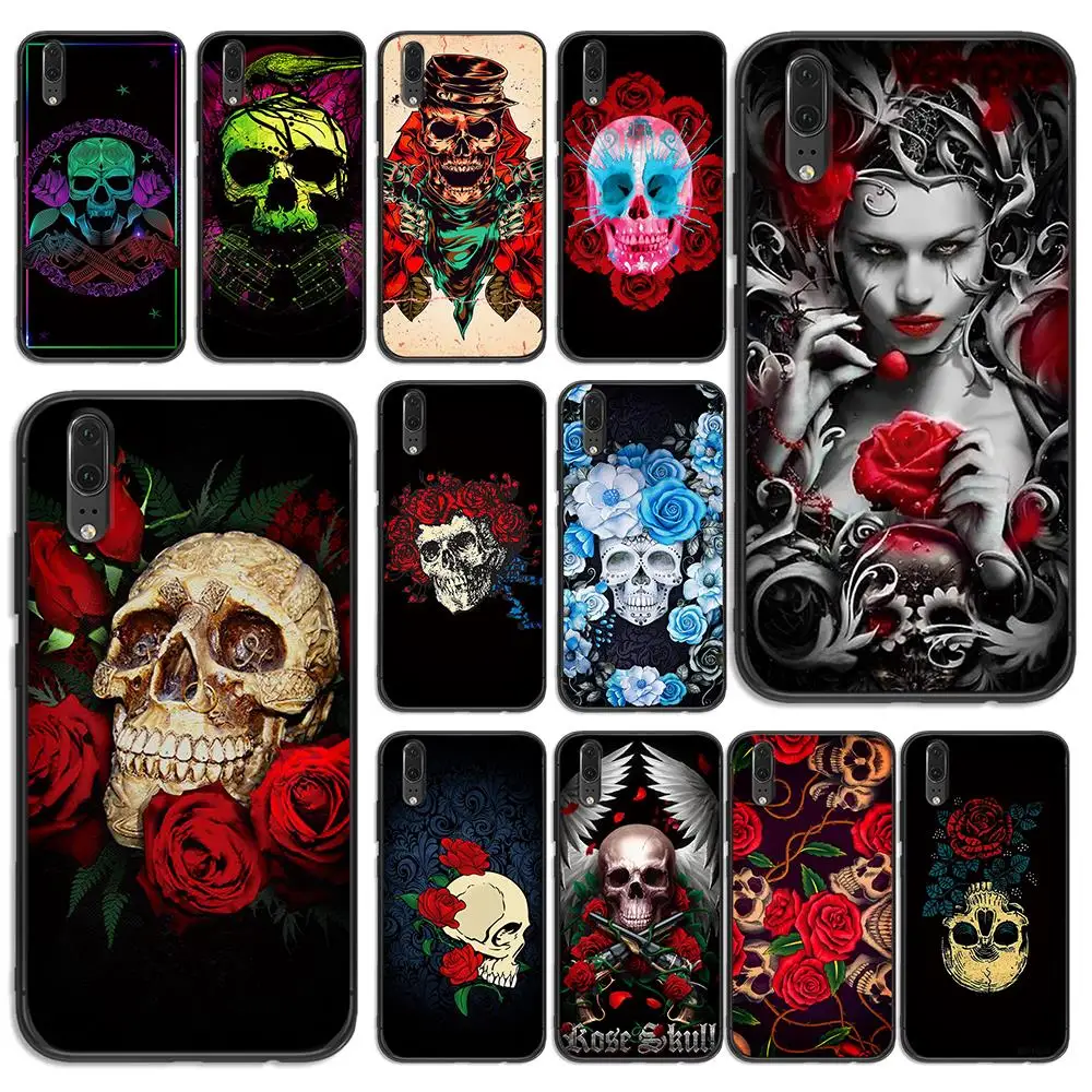Мягкий телефон с розовой розой и черепом для huawei P8 P9 P10 P20 P30 Lite Pro P Smart 2016 2019 TPU