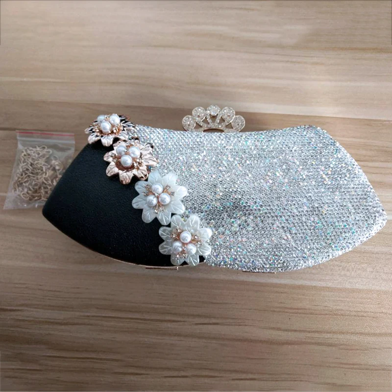 Luxury Handbag Crystal Clutch Women Bridal Wedding Shoulder Bag Floral Genuine Leather Rhinestone Purse Chain Evening Party Bags