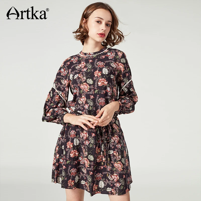 ARTKA женское летнее платье с длинным рукавом принтом фонариком и поясом винтажное