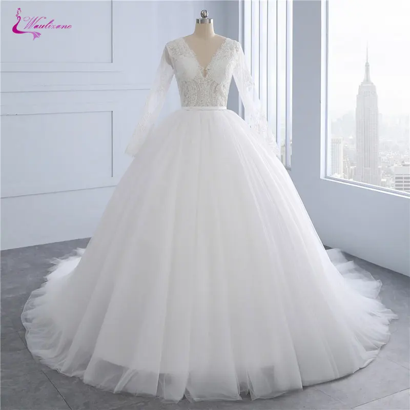 

Waulizane Charming Tiered Silky Organza V-neck Ball Gown Wedding Dresses Beading Pearls Appliques Lace Full Sleeves Bride Dress