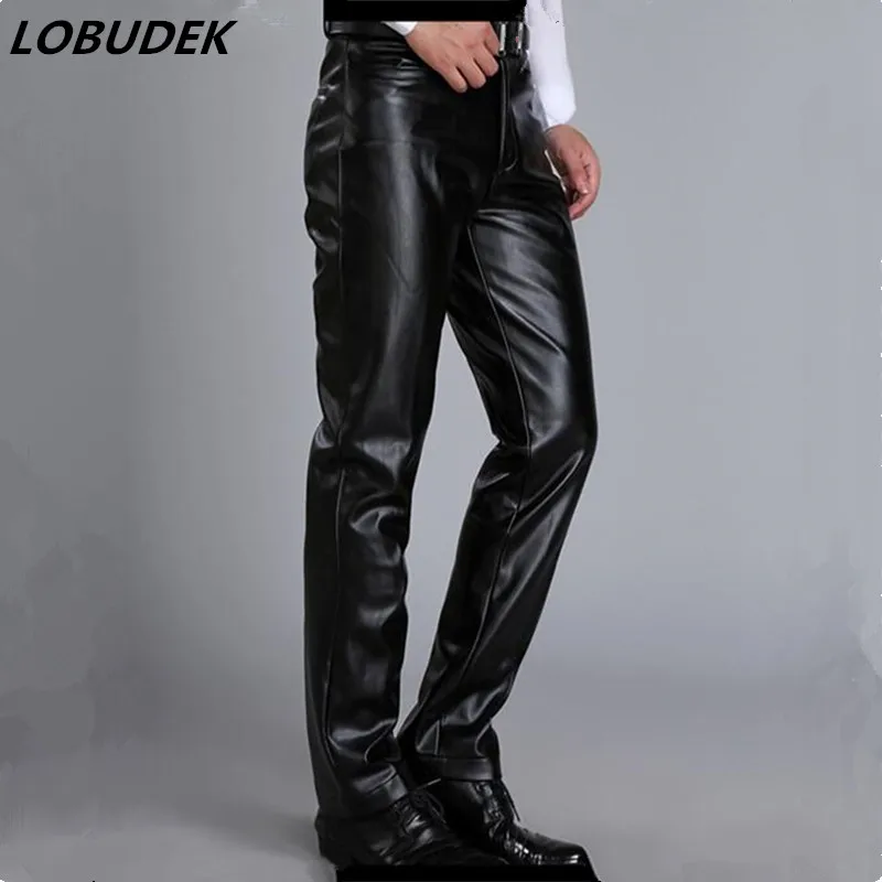 

black leather pants singer bar male trousers A concert in conjunction with the locomotive mosaic costume fluorescent color Mens