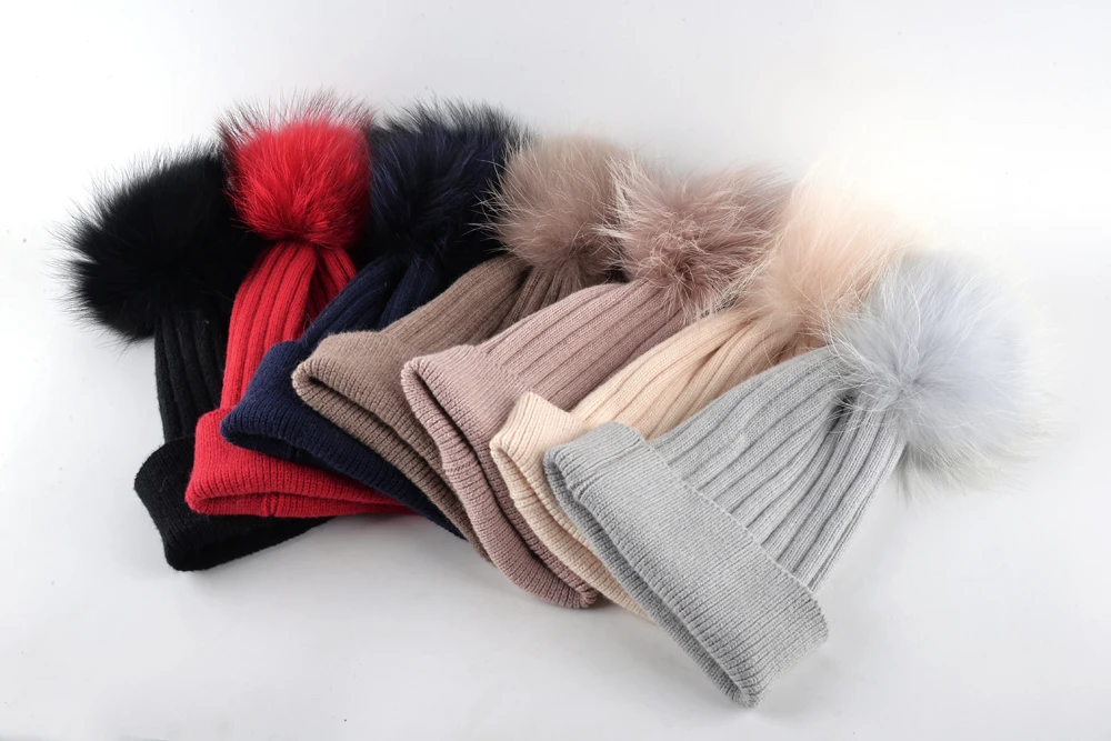 Помпон меха Дамы Вязать Шерстяные Зимние шапки для девочек Hat Шапочка Бонне