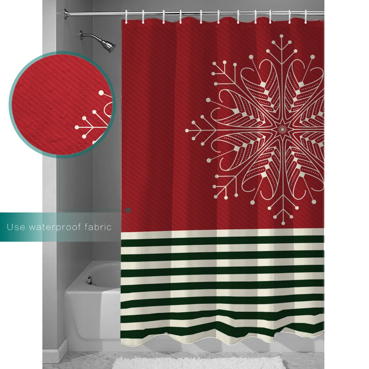 Комплект ванной комнаты с красными снежинками и зелеными полосами - тканевые аксессуары для душевой занавески для детей.