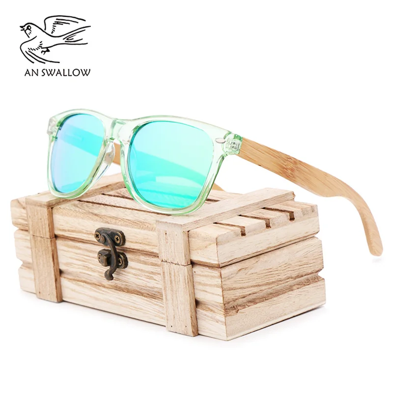 Fashion brand design transparent green wood bamboo sunglasses women's PC box legs polarized UV protection 400 | Аксессуары для