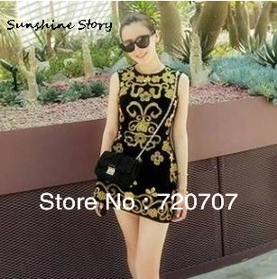 2013 New Free shipping European and American luxurious Gold embroidery black tight skirts Vintage sexy hip dress | Женская одежда