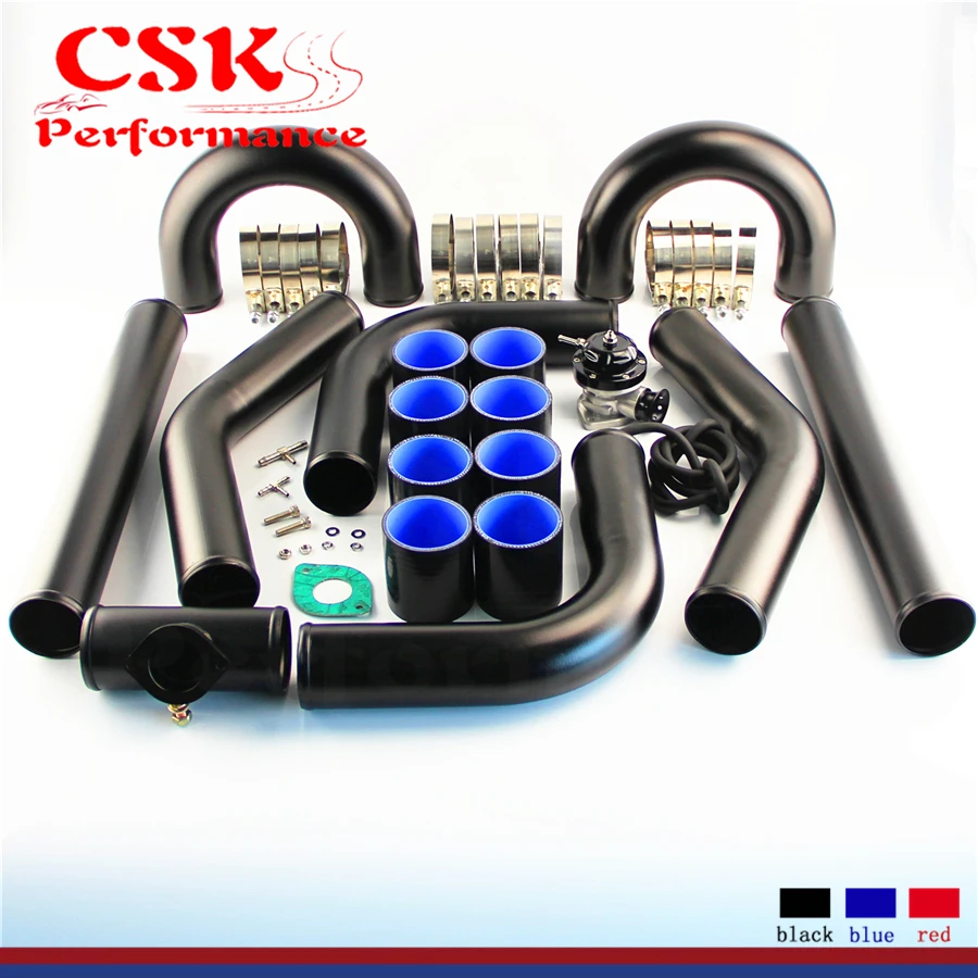 Universal DIY 2.5&quot / 2.75&quot Aluminum Intercooler Piping Pipe Silicone hose T-clamps + Turbo Flange BOV Kit Black |